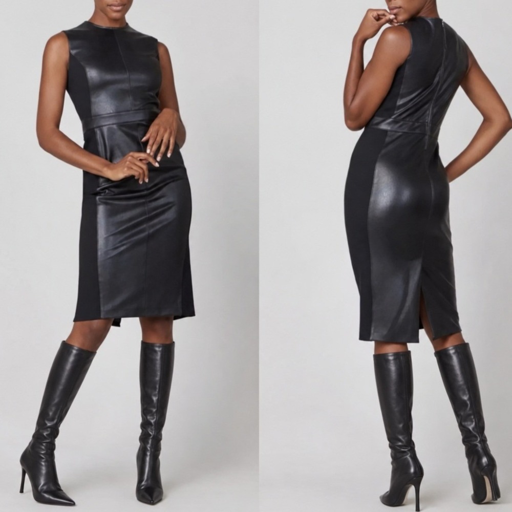 Spanx Leather-Like Combo Fitted Sheath Dress Women's M Luxe Black Faux Vegan